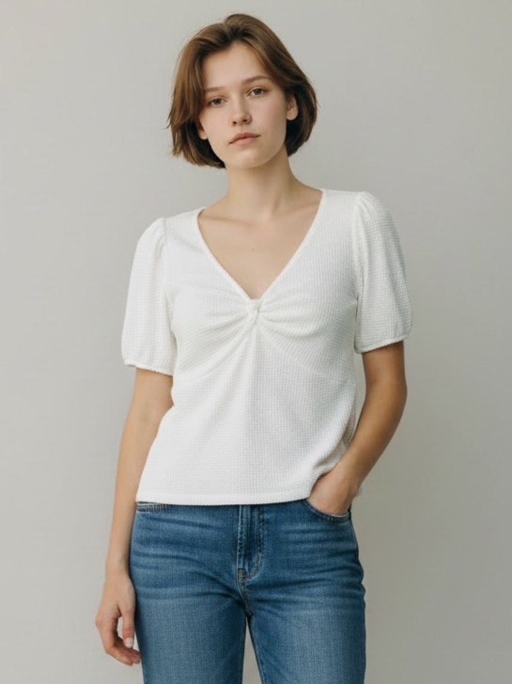 LOFT White Textured Twist Front Puff Sleeve Top Size L